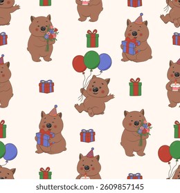 Cute seamless pattern with wombat, birthday parties with animal character print. Vector illustration.