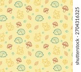 Cute seamless pattern with woodland animals like foxes and hedgehogs, featuring autumn leaves and mushrooms in a simple doodle style