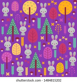 Cute seamless pattern woodland design. Little rabbit bunny in the forest. Nordic style. Kawaii character hare. Children print for stationary surface, wrapping paper, textile fabric. Purple background.