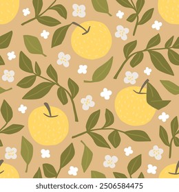 Cute seamless pattern with yellow apples, branches and leaves. Vector summer texture for wallpapers, textile or wrapping paper