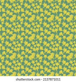 Cute seamless pattern with yellow blooming magnolias twigs on emerald background.Vector floral ornament for fabrics,textile,wallpaper,wrapping paper.