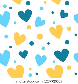 Cute seamless pattern with yellow and blue hearts, points. Babies Fashion, patter wallpaper. Vector illustration