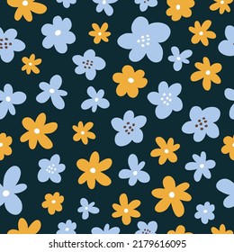 Cute seamless pattern with yellow and blue flowers on dark background. Vector illustration in hand-drawn flat style. Perfect for print, decorations, wallpaper, wrapping paper, cards.