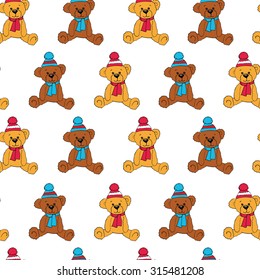 Cute seamless pattern with yellow and brown teddy bears in knitted hats and scarfs.