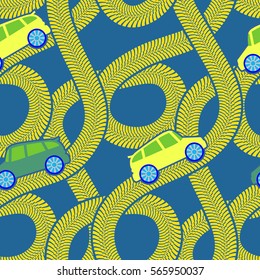 Cute seamless pattern with yellow cars and tire tracks on blue background. For children's textile. Eps10 vector