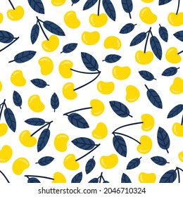 Cute seamless pattern with yellow cherry. Sweet ripe juicy cherries isolated on white background. Organic berries. Textile, wrapping, nursery wallpapers. Vector illustration