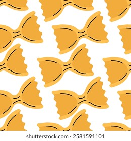 A cute seamless pattern with yellow doodle farfalle pasta. Italian macaroni print. Background, banner, wallpaper, wrapping paper, fabric, notebook cover template.