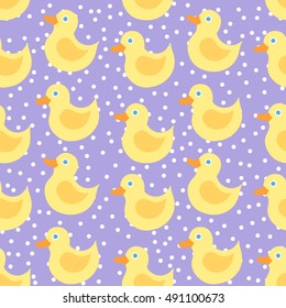 Cute seamless pattern with yellow duck on purple background with dots
