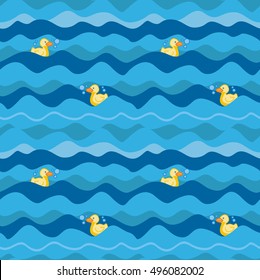 Cute seamless pattern with yellow duck on wave background