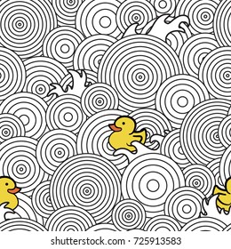 Cute seamless pattern with yellow duck on circle black and white wave background