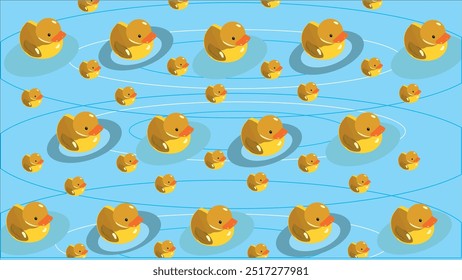 Cute seamless pattern with yellow ducks on blue background, vector seamless pattern with toy ducks, creative print with ducks swimming in the sea