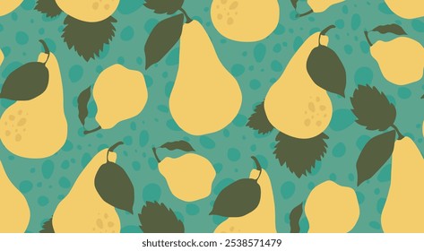 Cute seamless pattern with yellow pears and leaves on blue background. Retro groovy fruity design for prints.