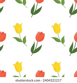 Patrón perfecto con tulipán amarillo y rojo. Elemento floral con hojas.  Ilustración vectorial. 