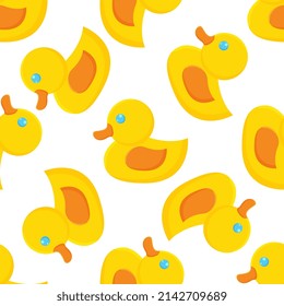 Cute seamless pattern with yellow rubber duck on background. Duck toy baby illustration.