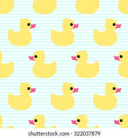 Cute seamless pattern with yellow rubber duck on striped background. Duck toy baby shower illustration.