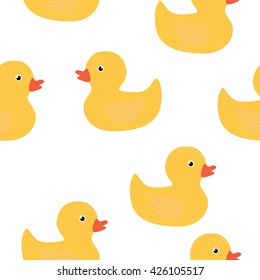 Cute seamless pattern with yellow rubber duck. toy baby shower illustration.