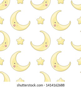 Cute seamless pattern with yellow stars and smiling moons. White background. Cartoon style illustration. Vector.