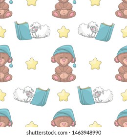 Cute seamless pattern with yellow stars, sheep reading a book and sleeping bears in night caps. White background. Cartoon style illustration. Vector.