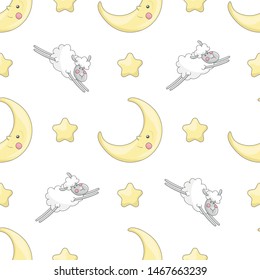 Cute seamless pattern with yellow stars, jumping sheep and smiling moons. White background. Cartoon style illustration. Vector.