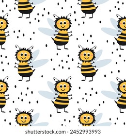 Cute seamless pattern with yellow striped bumble bees on a white background. Vector illustration. Funny hand drawn nature pattern for kids.