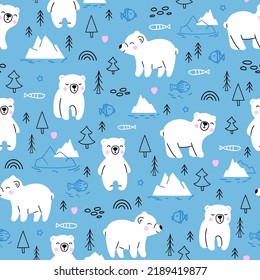 Cute Seamless Pattern With Young Arctic Polar Bears Animals, Icebergs, Trees, Fishes On Bright Blue Background. Cartoon Vector Print For Kids Textile, Apparel, Wallpaper, Packaging Design