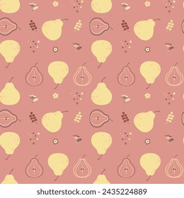Cute seamless pattern with yummy pears in cartoon style. Perfect for kids design, postcard design, greeting card design, fabric print, baby shower, wrapping paper design, nursery pattern, wallpaper.