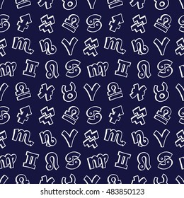 cute seamless pattern of zodiac signs on a dark blue background. hand-drawn illustration