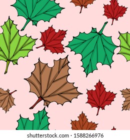 Cute seamless pattern.Maple leaf with autumn colors. Fresh green and dry leaf vector. Hand-drawn illustration.
