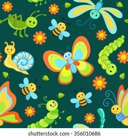 Cute seamless patterns with cartoon happy insects.