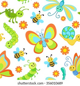 Cute seamless patterns with cartoon happy insects.