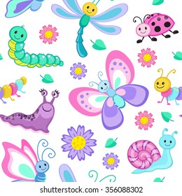 Cute seamless patterns with cartoon happy insects.