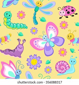 Cute seamless patterns with cartoon happy insects.