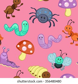 Cute seamless patterns with cartoon happy insects.