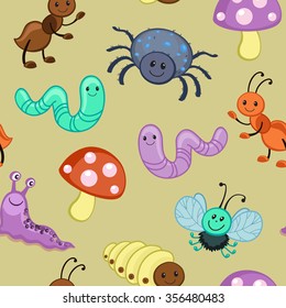 Cute seamless patterns with cartoon happy insects.
