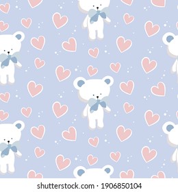 Cute seamless patterns. Cartoon cute teddy bear and heart. Scandinavian print fun and pastel mono colors