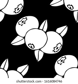 Cute seamless patterns. Cranberry icons on a black background. Elements for your design. Hand drawn vector illustration. A series of food and drink and culinary ingredients.