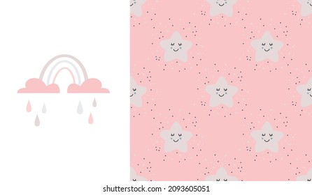 Cute seamless patterns. Creative childish print for fabric, wrapping, textile, wallpaper, apparel. Vector cartoon illustration in pastel colors.