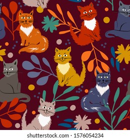 Cute seamless patterns with funny cats and flowers in cartoon style