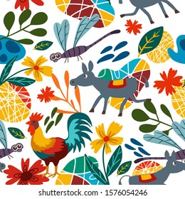 Cute seamless patterns with funny cock, donkey, dragonfly and flowers in cartoon style