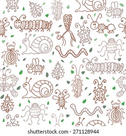 Cute seamless patterns with insects and leaves