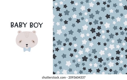 Cute seamless patterns and lettering - baby boy . Bear face. Creative childish print for fabric, wrapping, textile, wallpaper, apparel. Vector cartoon illustration in pastel colors.