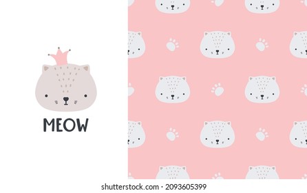 Cute seamless patterns and lettering - meow. Kitty poster. Creative childish print for fabric, wrapping, textile, wallpaper, apparel. Vector cartoon illustration in pastel colors.