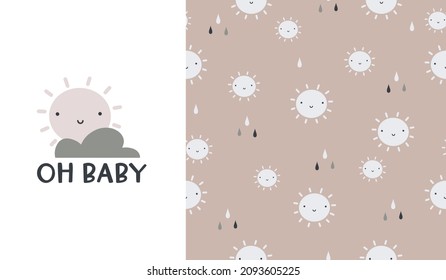 Cute seamless patterns and lettering - oh baby . Creative childish print for fabric, wrapping, textile, wallpaper, apparel. Vector cartoon illustration in pastel colors.