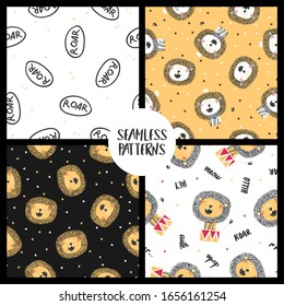 Cute seamless patterns with lion. Perfect for kids apparel, fabric, textile, nursery decoration, wrapping paper. Trendy vector pattern.