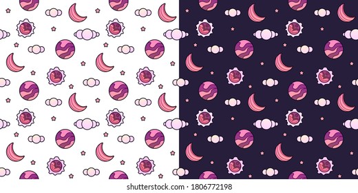 Cute seamless patterns with objectsin space. Two color variations