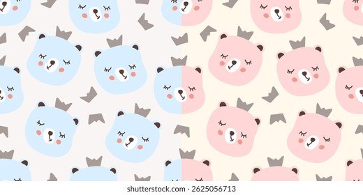 Cute seamless patterns set of blue and pink bear faces with crowns. Vector illustration