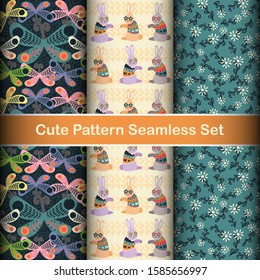 cute seamless patterns set vector illustration,Flower field,Butterfly swarm,Rabbit flock