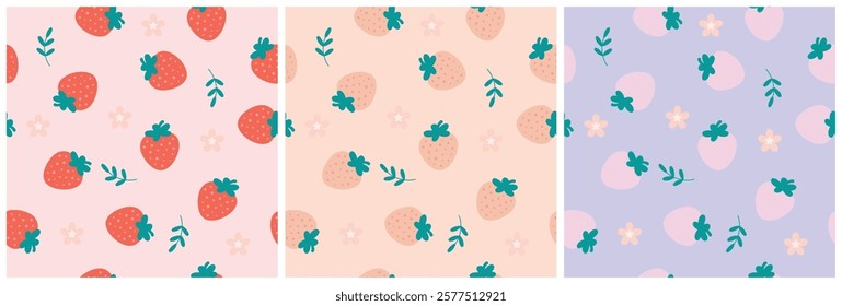 Cute seamless patterns with strawberries, leaves and flowers on pink, orange, purple background set. vector.