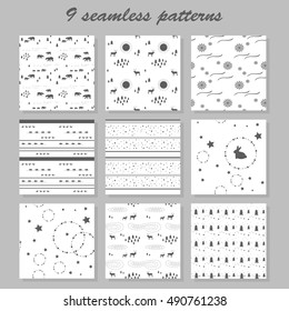 Cute seamless patterns. Suitable for wrapping paper, scrapbooking, invitations, prints for clothes and other design. Vector illustration.