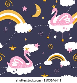 Cute seamless patterns with swans. Pink swans with stars on clouds and rainbows. Vector children background. Printing on fabric, clothing, wallpaper, paper.